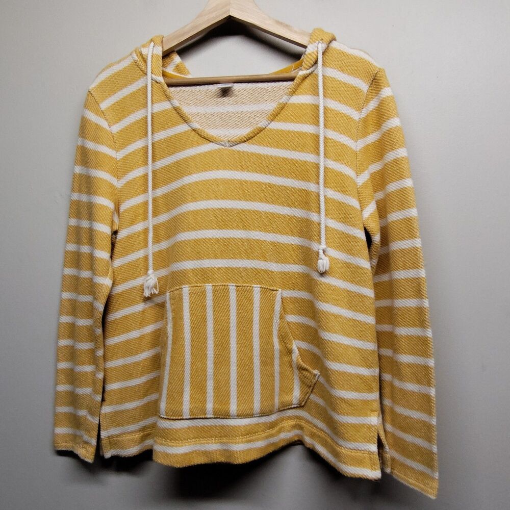 Old Navy Hooded Sweater Women M Yellow Stripes Pockets Coastal Beachy Bohemian